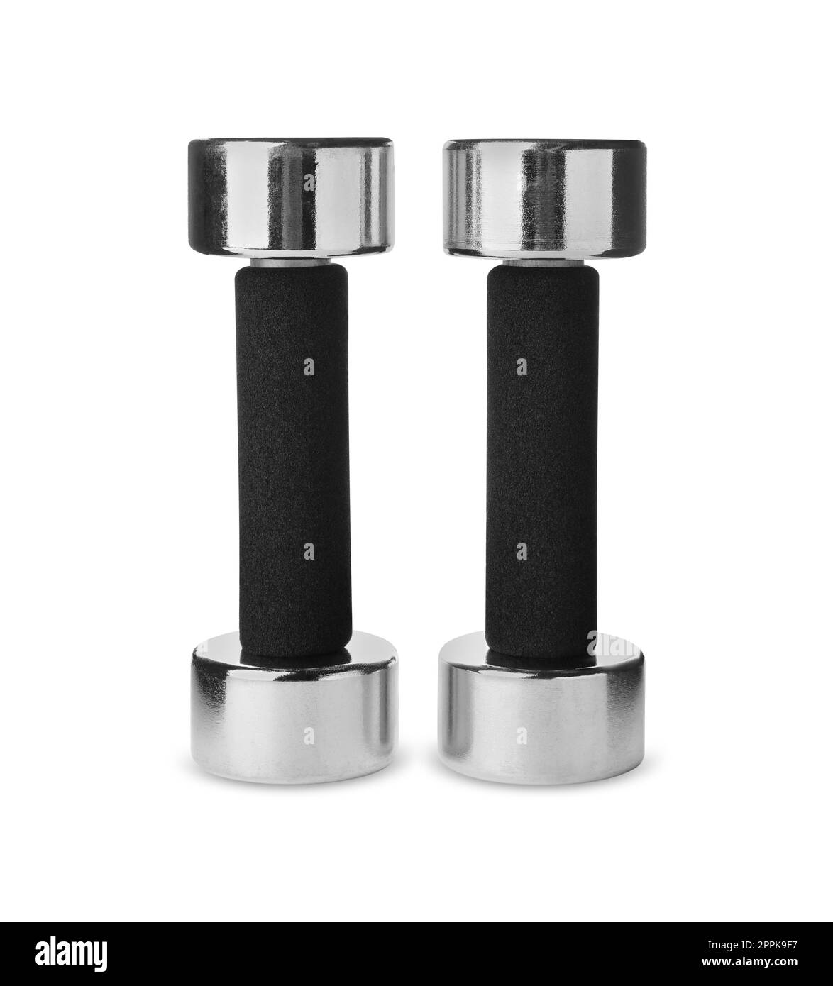 Manubri su sfondo bianco. Attrezzature per l'addestramento del peso Foto Stock