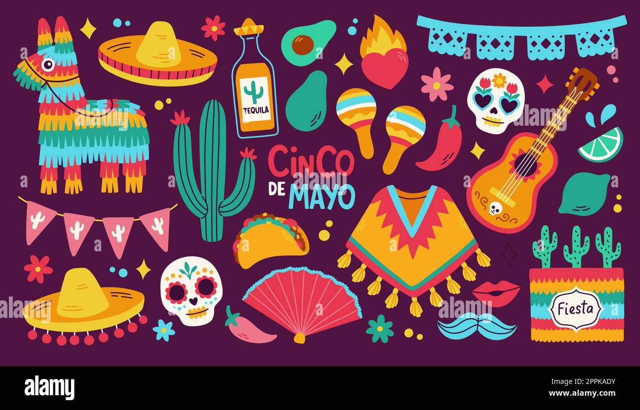 Set di adesivi Cinco de Mayo, maggio 5, festa federale in Messico. Banner Fiesta e poster con bandiere, decorazioni Illustrazione Vettoriale