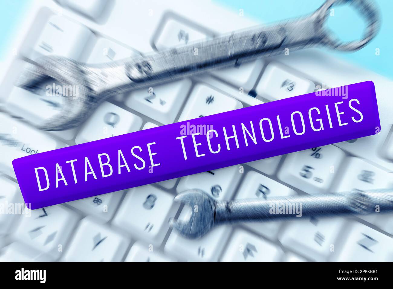 Didascalie di testo che presentano le tecnologie di database. La panoramica aziendale utilizza un'applicazione di database che fornisce servizi di database Foto Stock