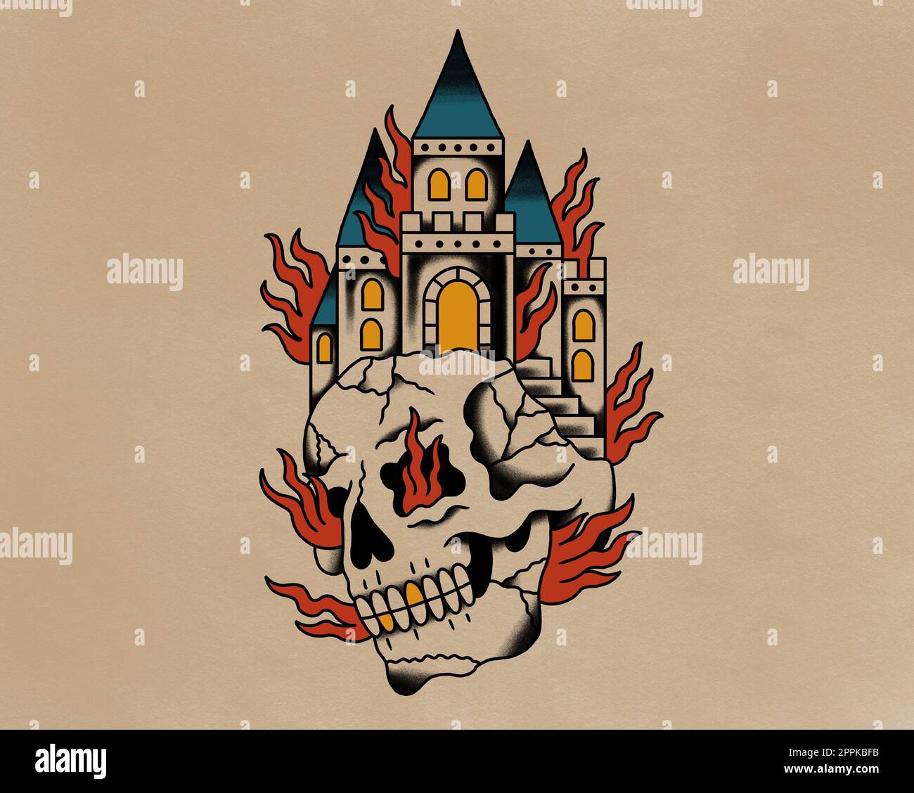 Vecchio stile tatuaggio scuola disegno cranio umano con fiamme e castello in cima su vecchio sfondo di carta Foto Stock