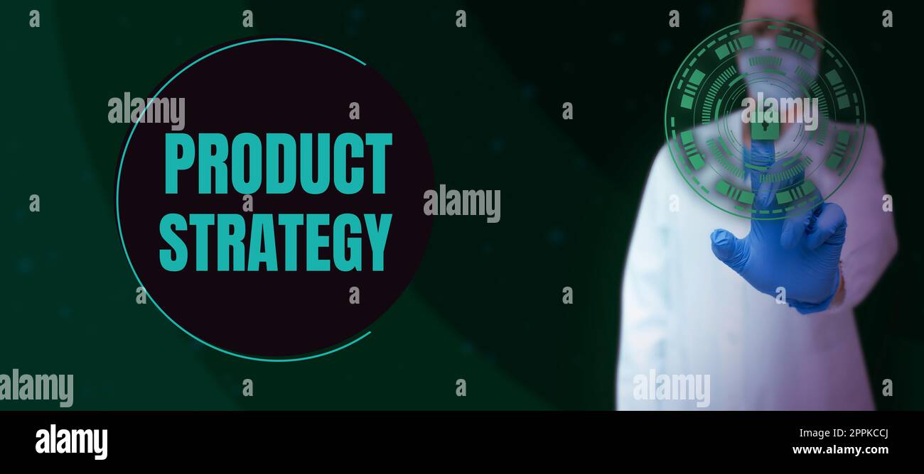 Ispirazione che mostra il segno strategia di prodotto. Business Concept sviluppo di piani a lungo termine per una produzione di prodotto di successo Foto Stock