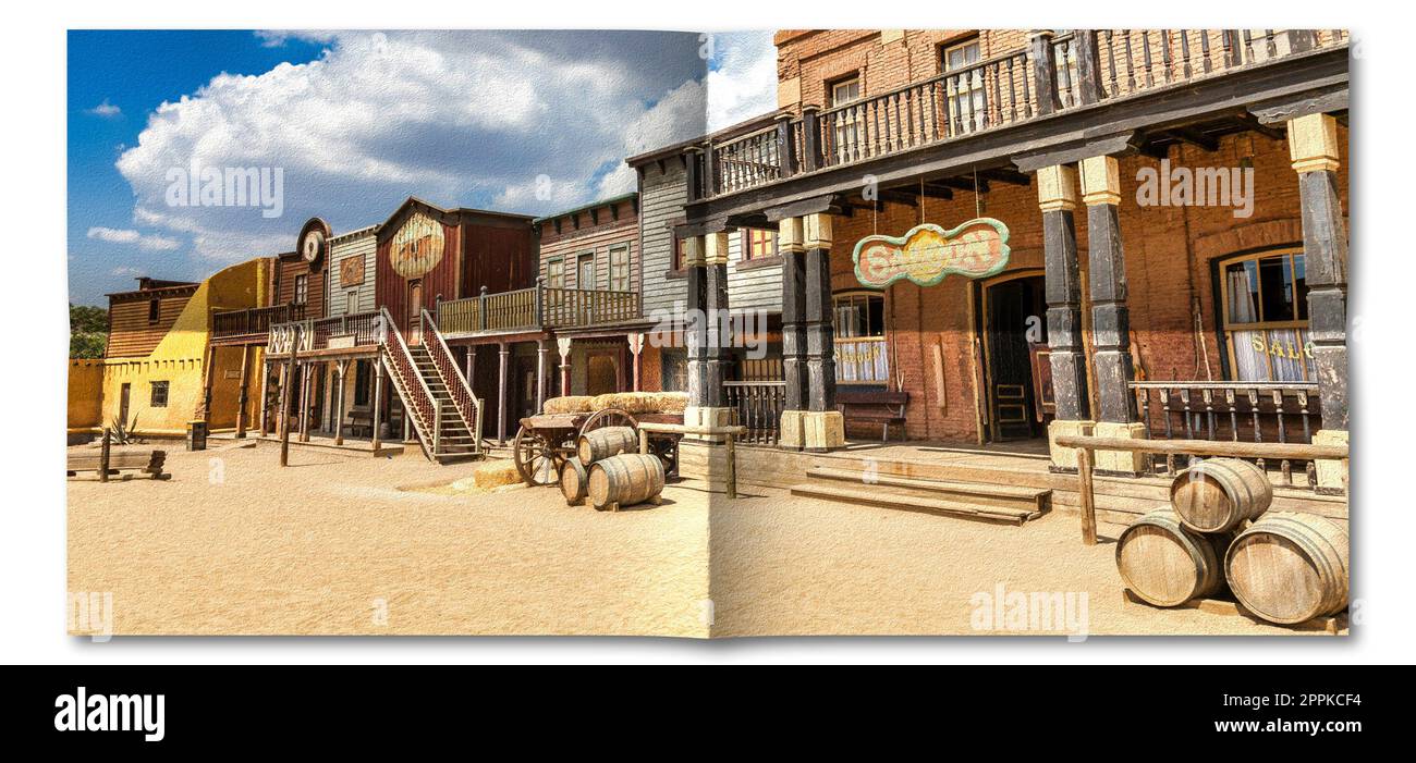 Immagine creativa del villaggio del selvaggio West con vecchi edifici e saloon. Foto Stock