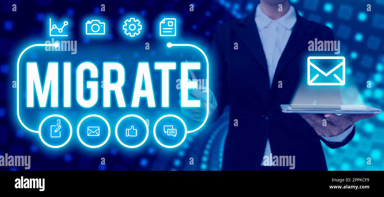 Testo che mostra Inspiration Migrate. Parola per spostare o viaggiare da un paese o località ad un altro Foto Stock