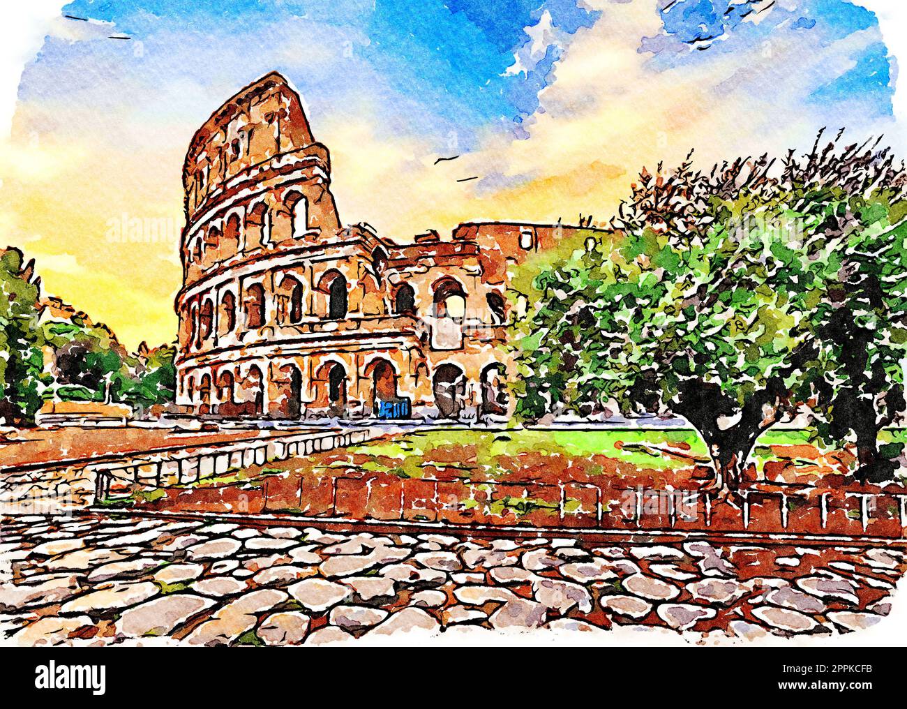 Roma, Italia - tramonto dietro il Colosseo - illustrazione creativa, design vintage ad acquerello. Foto Stock