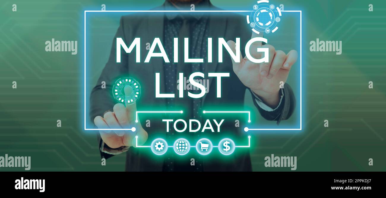 Firma che visualizza la Mailing List. Elenco di persone che si iscrivono a una distribuzione periodica di mailing Foto Stock
