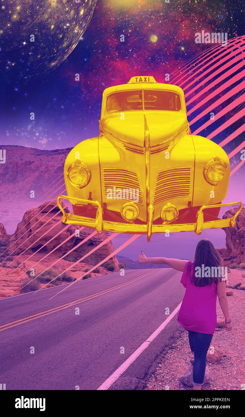 Collage d'arte o design surreale. Paesaggio astratto con donna su strada con auto retrò e sfondo colorato. Foto Stock