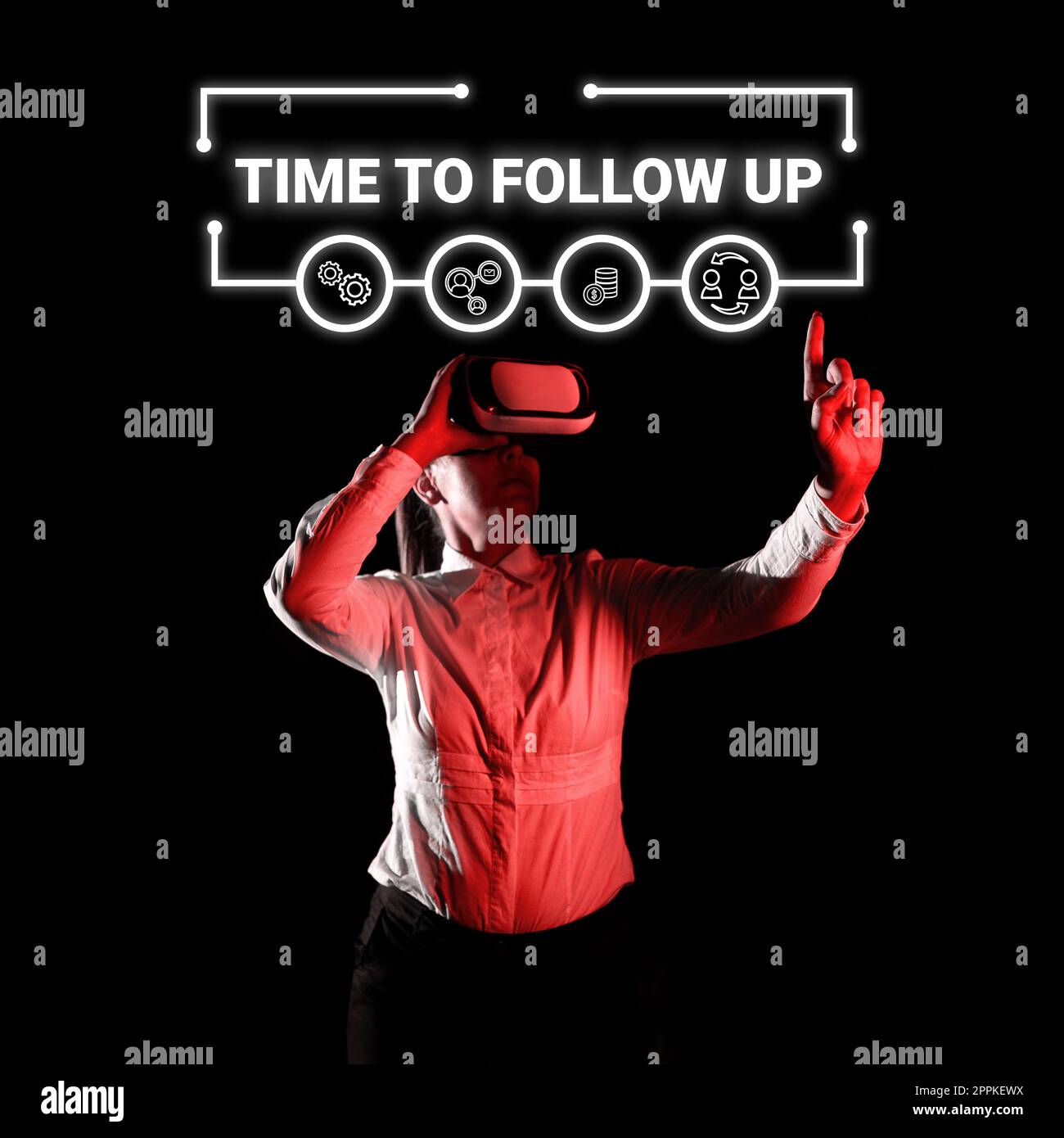 Didascalia di testo che presenta il tempo di follow-up. Parola per la richiesta del compito precedente o per la continuazione delle informazioni Foto Stock