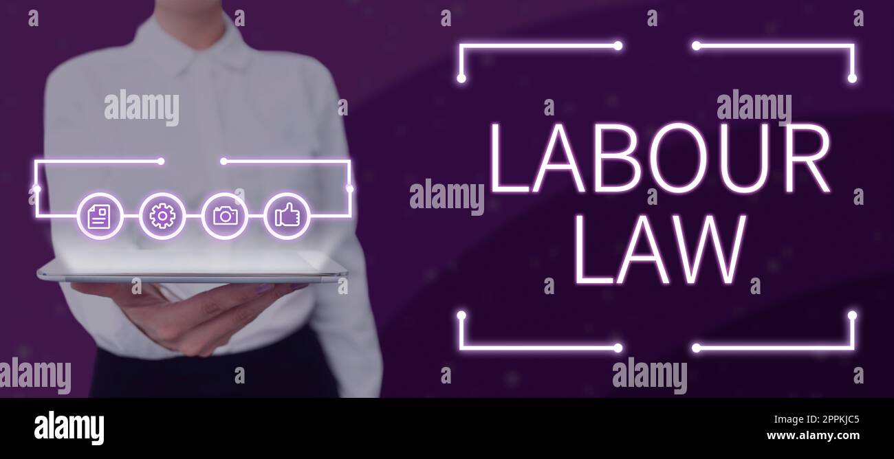 Scrittura a mano segno diritto del lavoro. Parola per regole applicate dallo Stato tra datori di lavoro e dipendenti Foto Stock