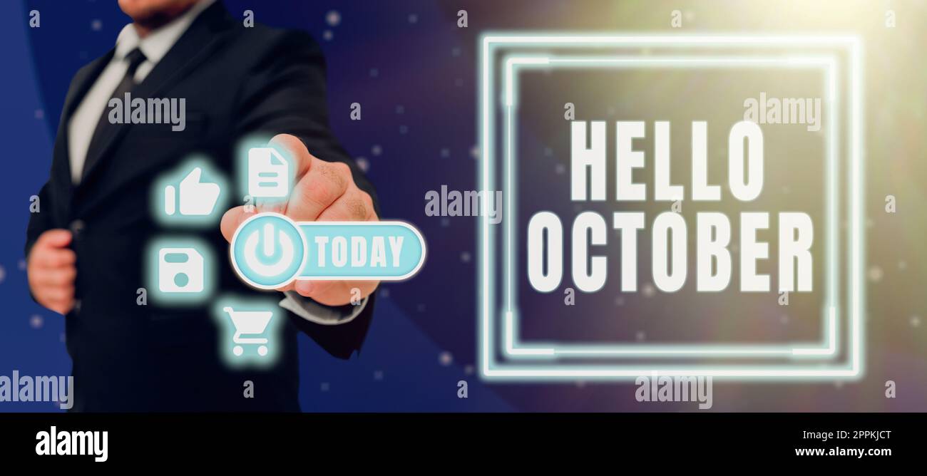Didascalia testo presentazione Ciao ottobre. Parola di saluto utilizzata per accogliere il 10th° mese dell'anno Foto Stock