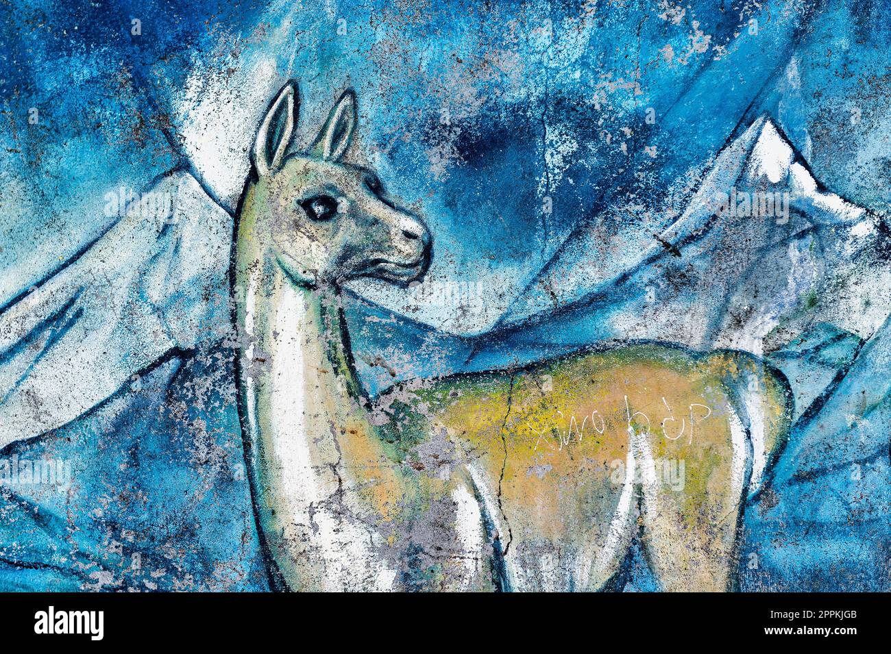 Puerto Natales, Cile, dipinto murale realizzato dalla città di Puerto Natales e che rappresenta il patrimonio culturale dell'Honikenk e del Kaw Foto Stock