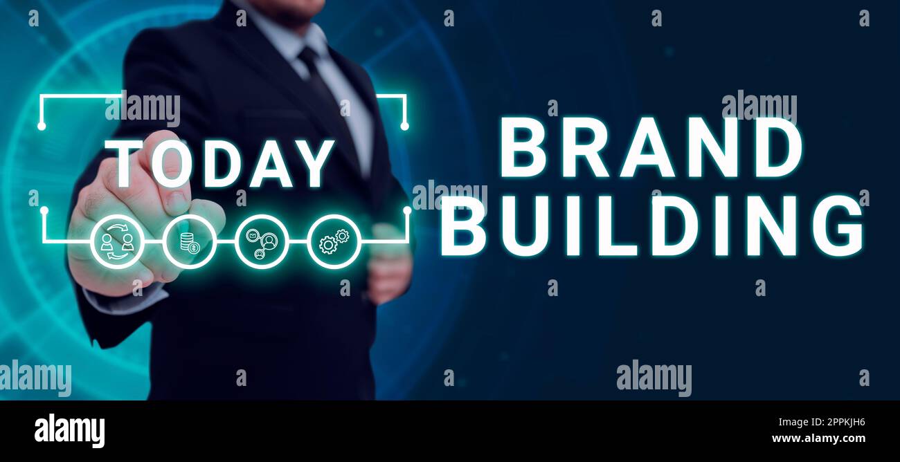 Cartello che mostra Brand Building. L'idea di business che amplifica i clienti è la conoscenza di un determinato business Foto Stock