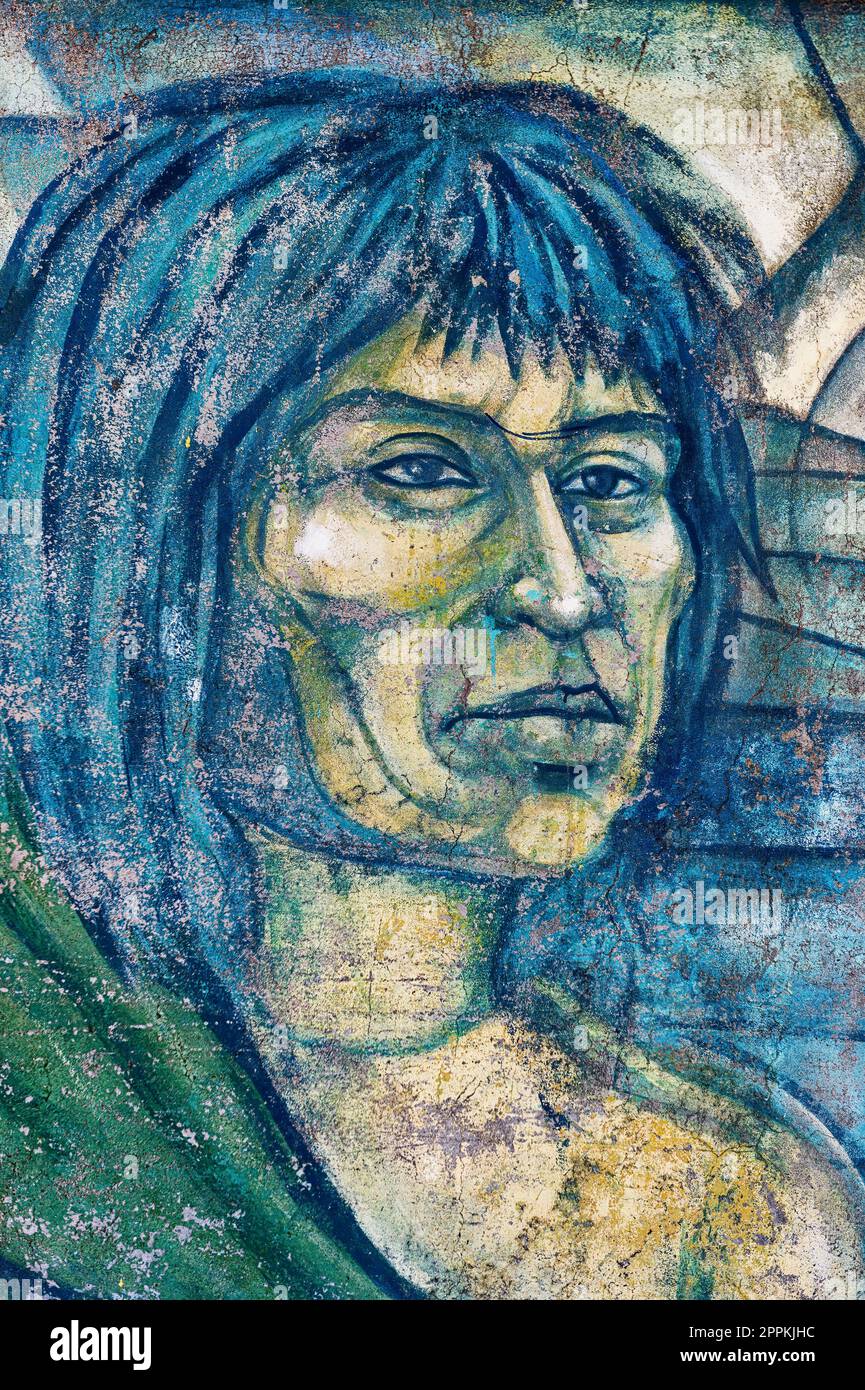 Puerto Natales, Cile, dipinto murale realizzato dalla città di Puerto Natales e che rappresenta il patrimonio culturale dell'Honikenk e del Kaw Foto Stock