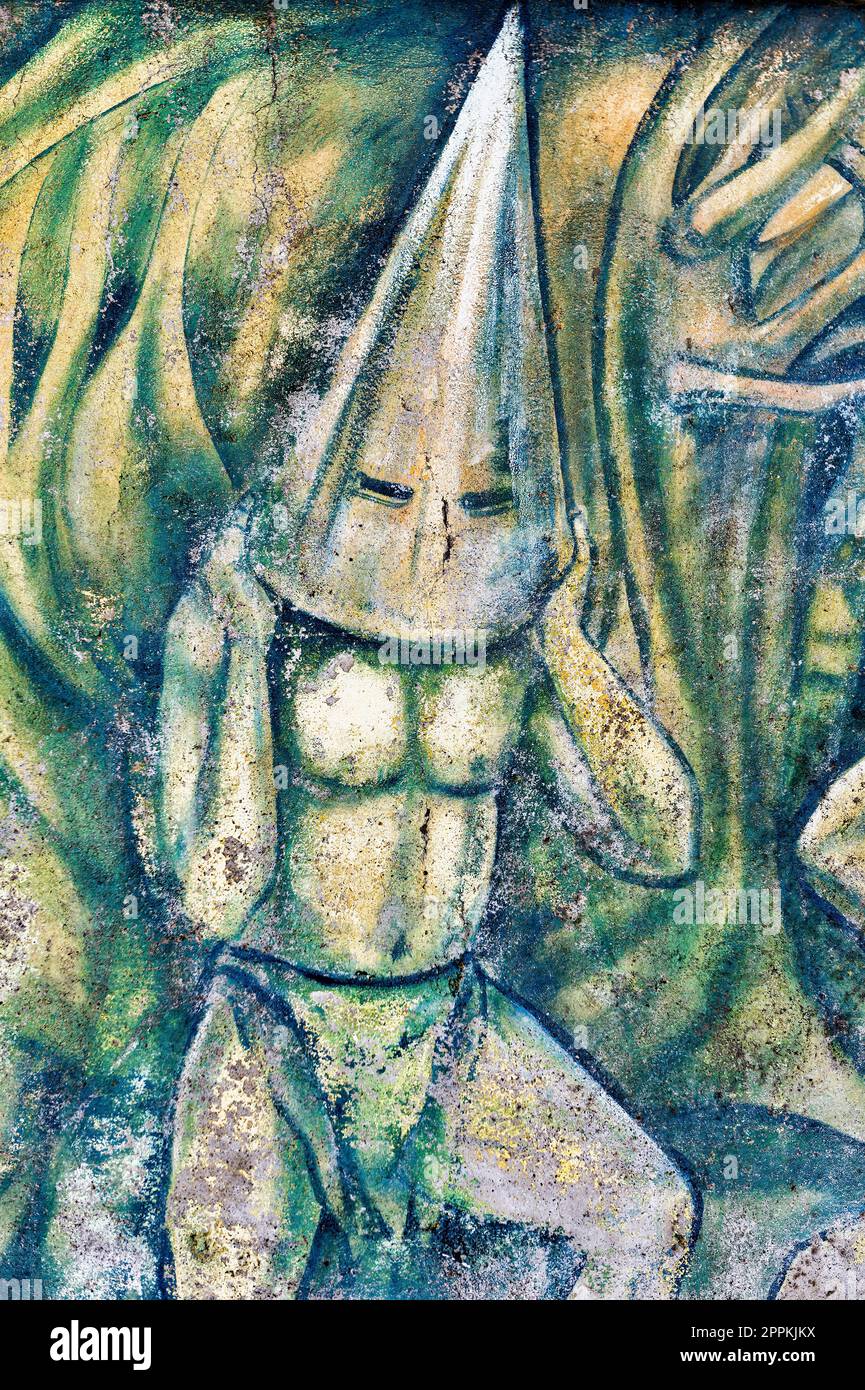 Puerto Natales, Cile, dipinto murale realizzato dalla città di Puerto Natales e che rappresenta il patrimonio culturale dell'Honikenk e del Kaw Foto Stock