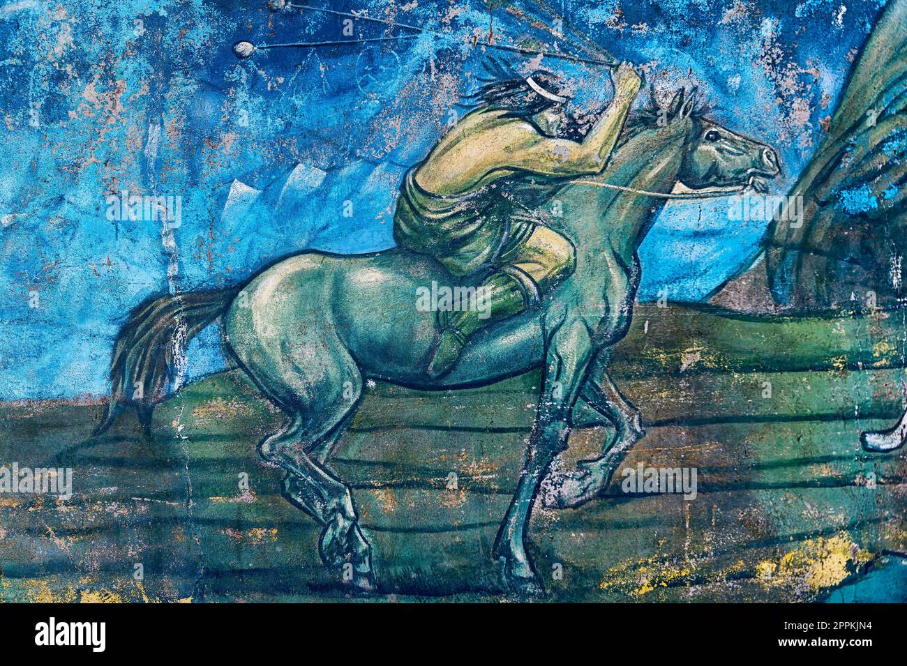 Puerto Natales, Cile, dipinto murale realizzato dalla città di Puerto Natales e che rappresenta il patrimonio culturale dell'Honikenk e del Kaw Foto Stock