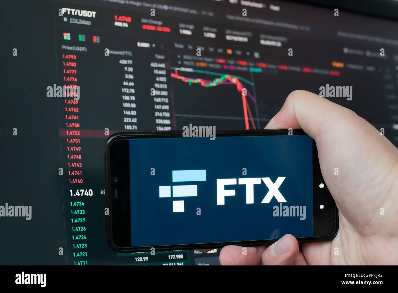 Uomo che tiene il telefono con il logo FTX. Caduta globale del grafico delle criptovalute - il token FTT è sceso sul grafico degli scambi di criptovalute sulla schermata dell'app. Il fallimento di FTX Exchange e il crollo del deprezzamento del token. Foto Stock