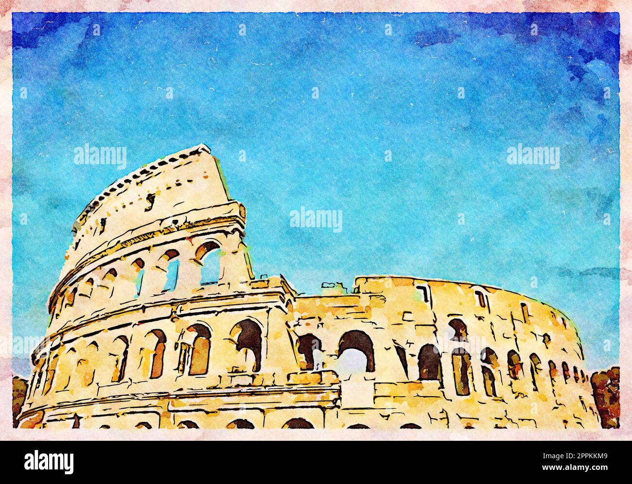 Roma, Italia - Colosseo sul cielo blu - illustrazione creativa, disegno vintage ad acquerello. Foto Stock