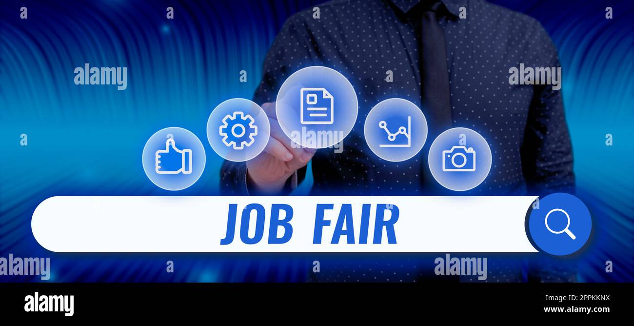 Testo che mostra l'ispirazione Job Fair. Concetto aziendale un evento in cui una persona può candidarsi per un lavoro in più aziende Foto Stock