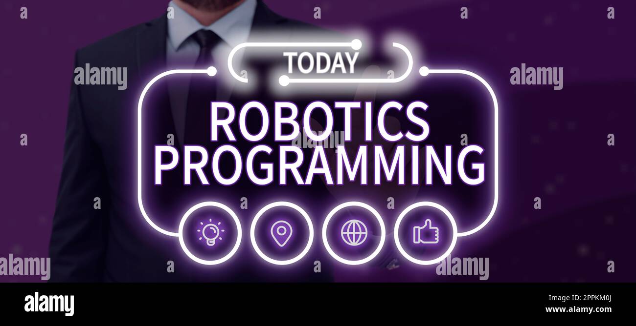 Ispirazione che mostra la programmazione di Sign Robotics. Software di concetto aziendale utilizzato per eseguire attività autonome Foto Stock