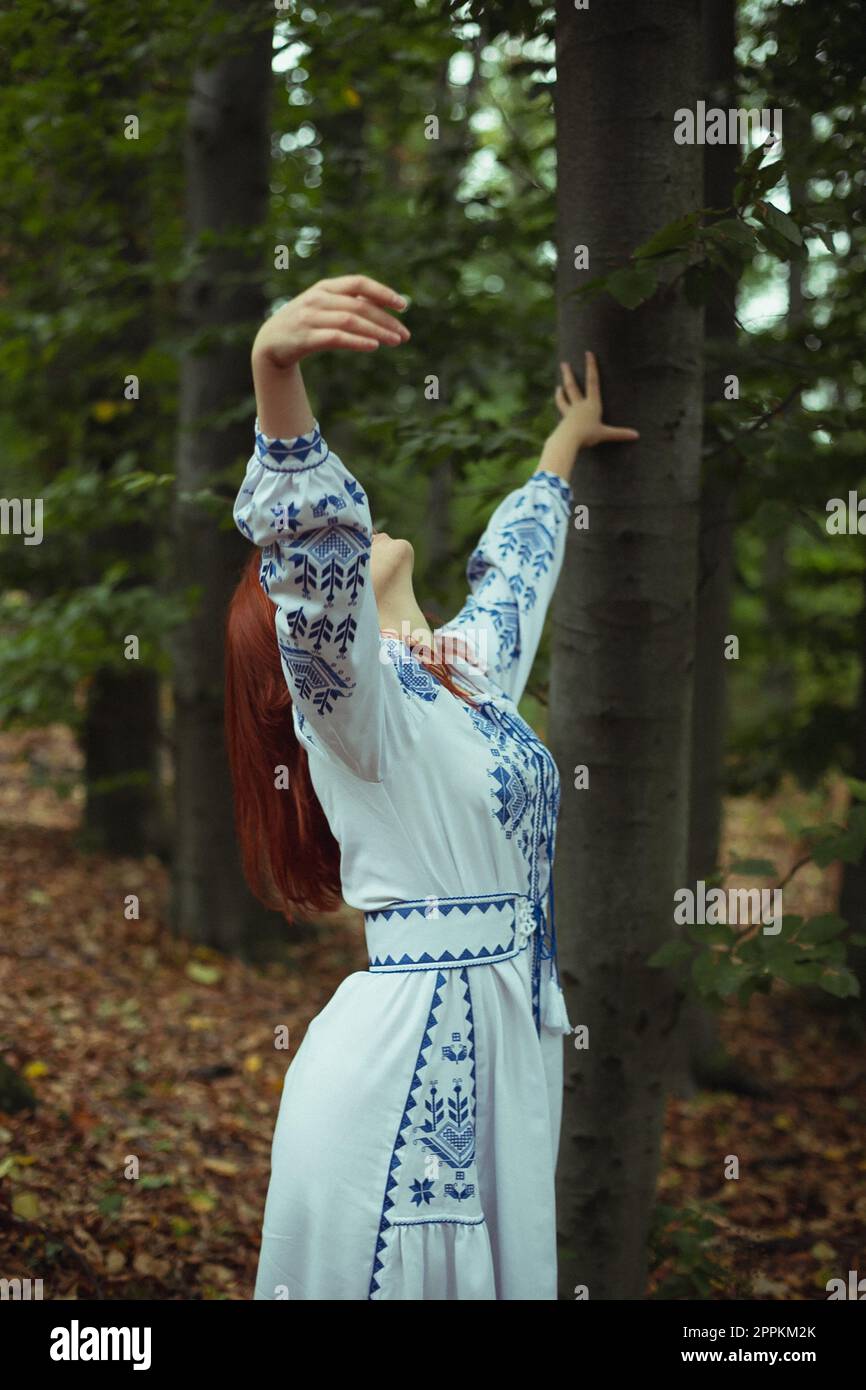 Primo piano donna in vestito ricamo alzare le braccia su concetto foto Foto Stock