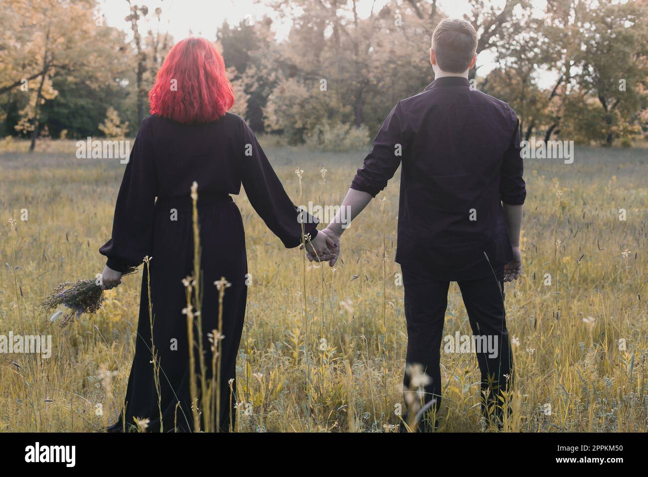 Coppia in mano tenendosi al buio tra la fotografia panoramica prato Foto Stock