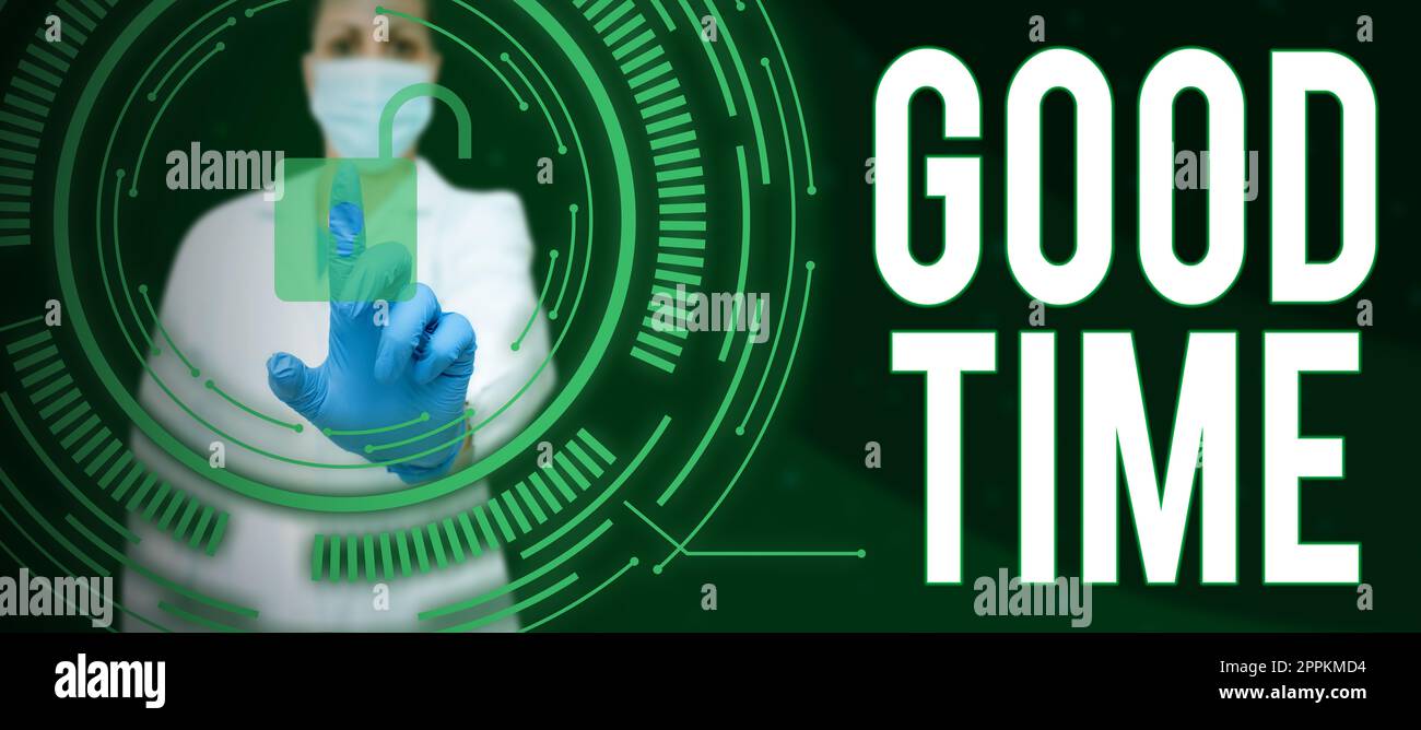 Scrittura a mano segno buon tempo. Concetto di affari il momento giusto per fare qualcosa o per qualcosa accadere Foto Stock