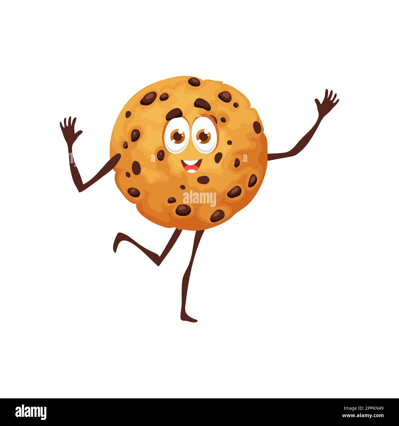 Fumetto cookie divertente personaggio con gocce di cioccolato. Isolato vettore biscotto panetteria personaggio fiabesco con volto sorridente e grandi occhi che ondeggiano le braccia. F Illustrazione Vettoriale
