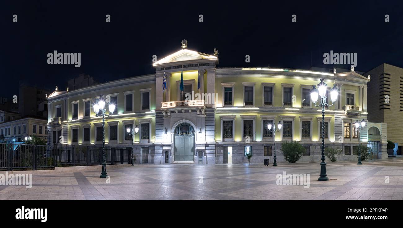 Mousio Ethnikis Trapezas - Museo della Banca Nazionale di notte Foto Stock