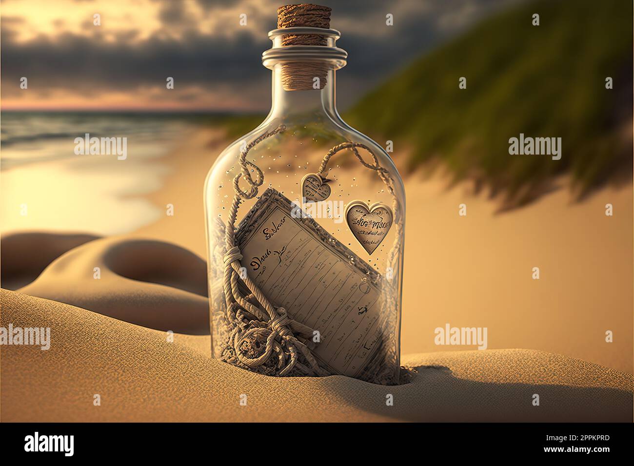 lettera d'amore - bottiglia romantica con un messaggio in spiaggia Foto Stock