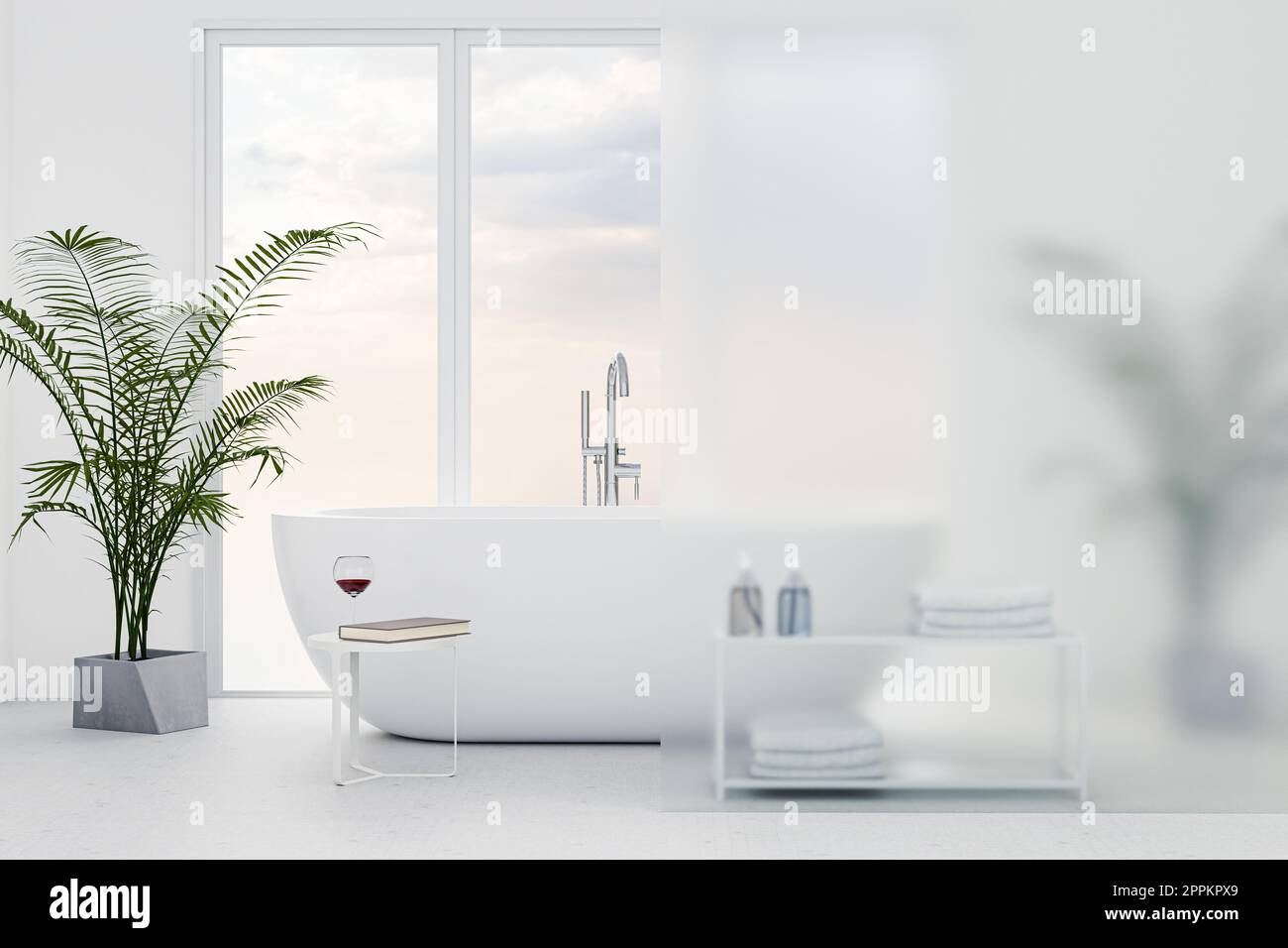 Vasca da bagno indipendente bianca in un bagno luminoso. Bicchiere di vino rosso e libro su un tavolo laterale. Divisore con vetro smerigliato a destra. 3d ren Foto Stock