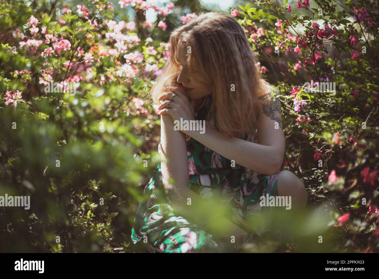 Assorbito in pensiero ragazza circondata da arbusti con fiori rosa fotografia panoramica Foto Stock