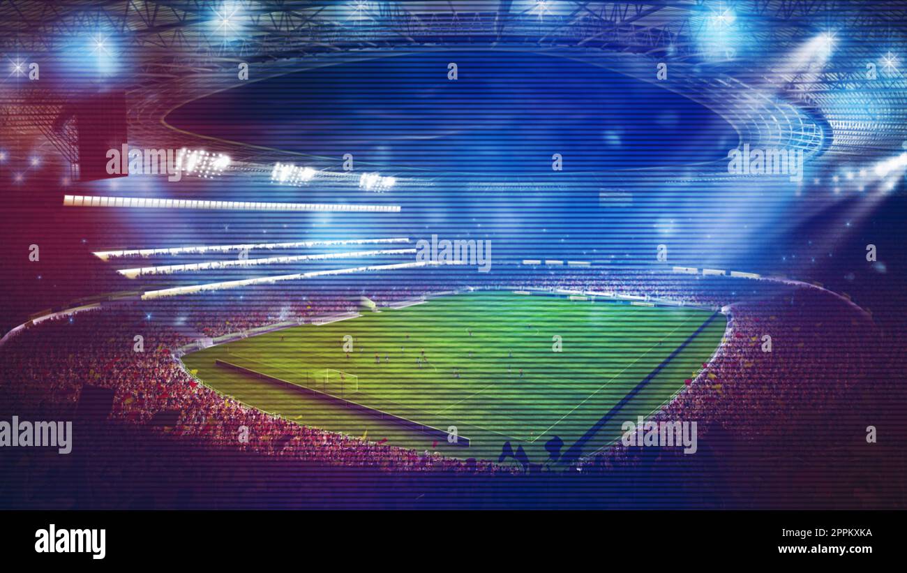 Sfondo di uno stadio di calcio con effetti luminosi pieni di tifosi durante una partita notturna. Rendering 3D Foto Stock