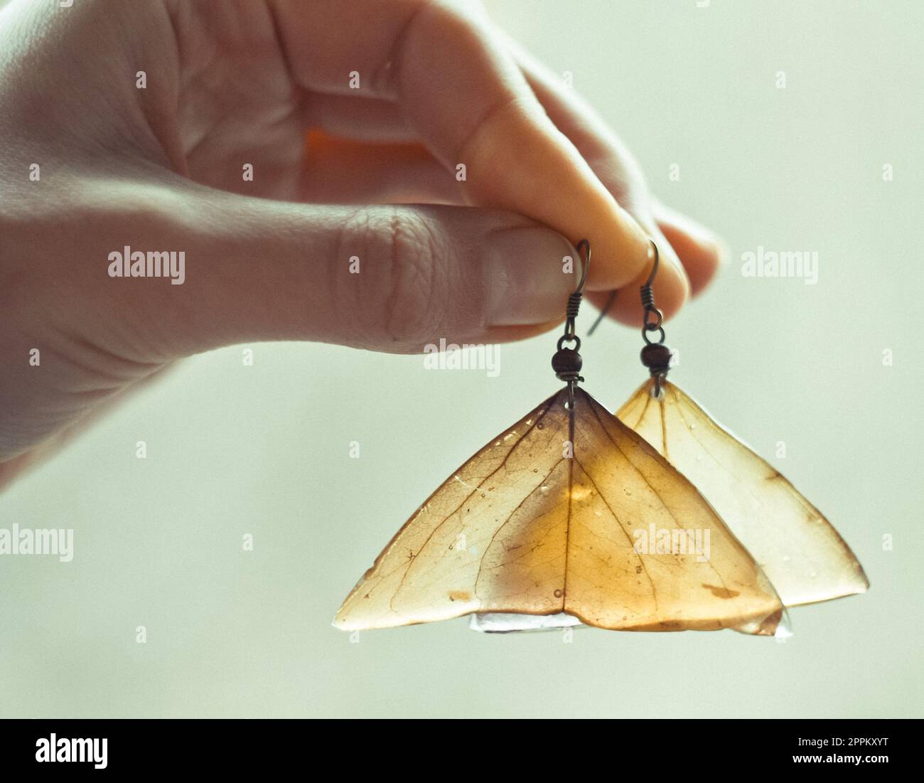Primo piano donna che mostra a farfalla a forma di orecchini concetto foto Foto Stock