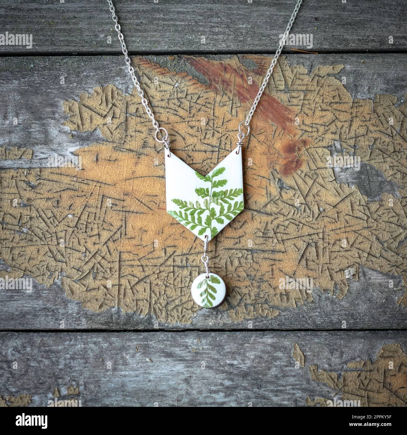 Primo piano elegante pendente con foglie di felce laccate concept photo Foto Stock