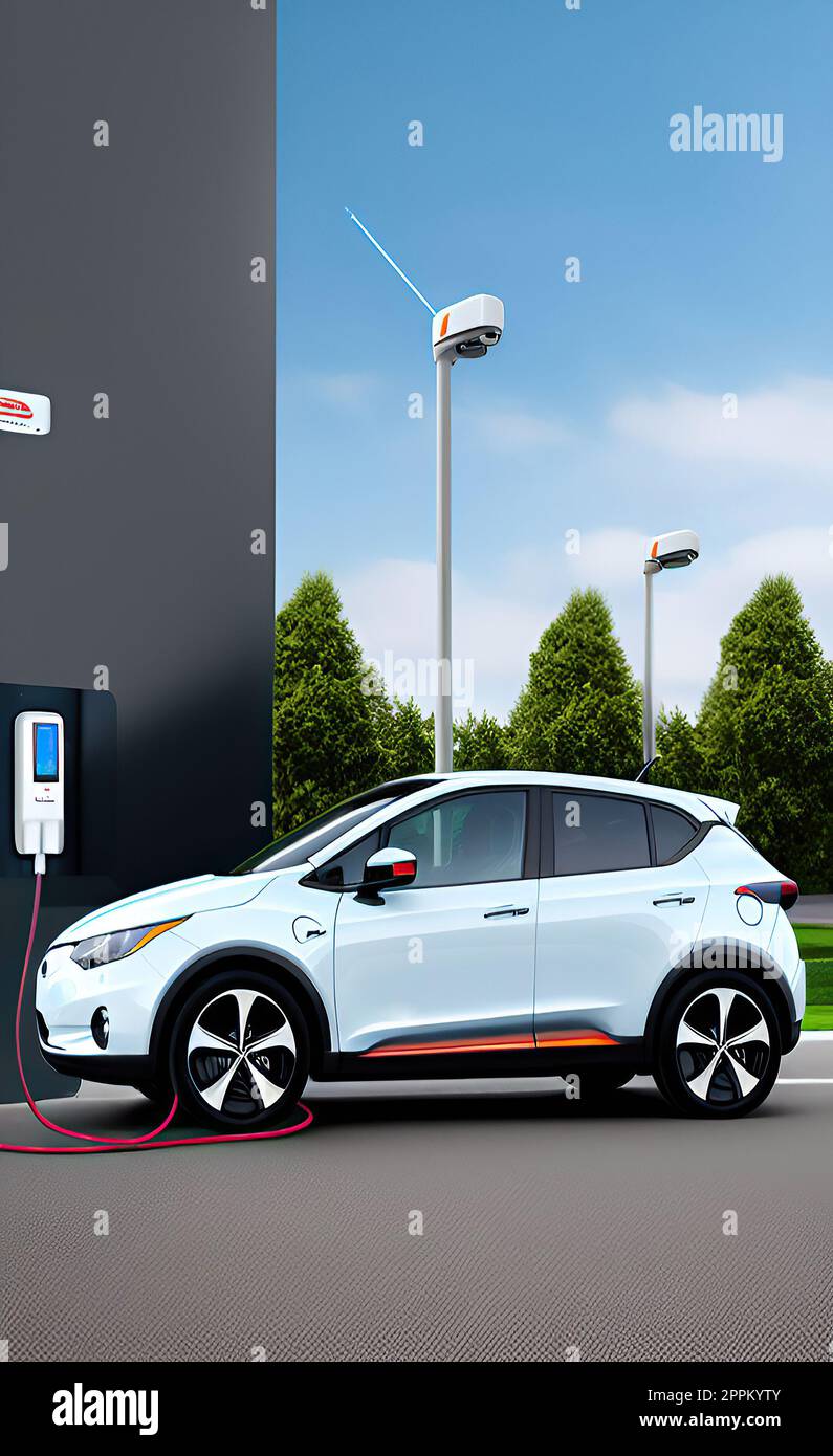 Stazione di ricarica EV per auto elettrica in concetto di energia verde ed eco-potenza Foto Stock