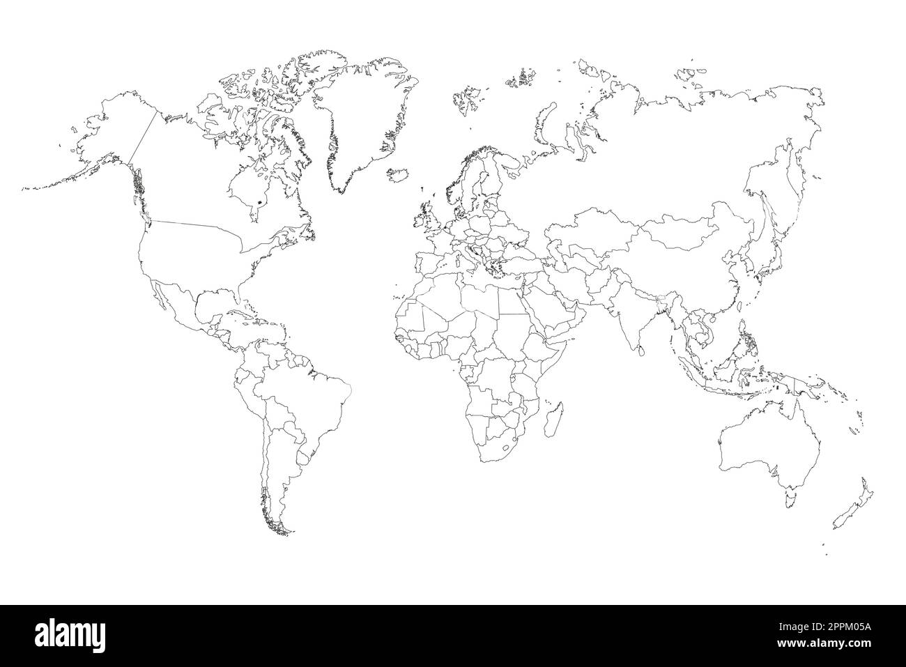 Mappa del mondo su sfondo bianco. Modello di mappa mondiale con continenti, Nord e Sud America, Europa e Asia, Africa e Australia Illustrazione Vettoriale