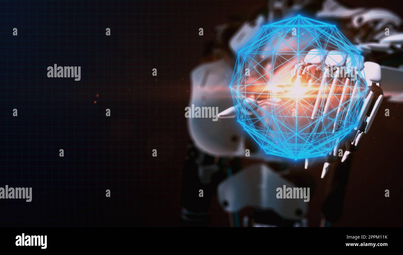 Robot che lavora con interfaccia virtuale HUD. Concetto di intelligenza artificiale. Foto Stock