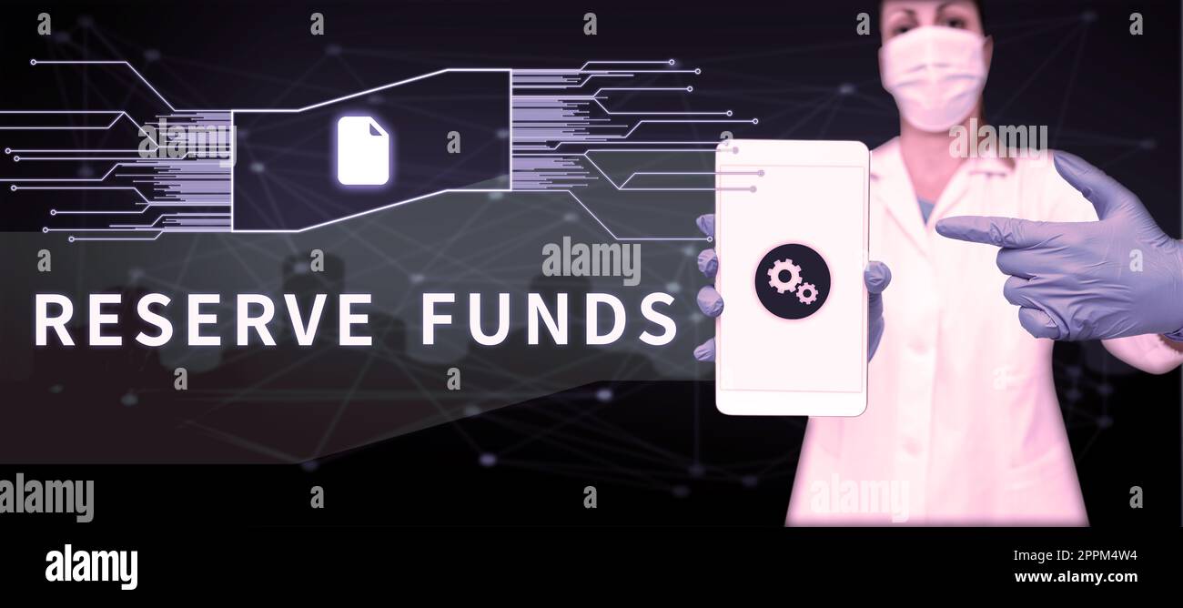 Scrittura con testo Reserve Funds. Parola per soldi liberati dalla banca per sostenere il piano di affari fallito Foto Stock