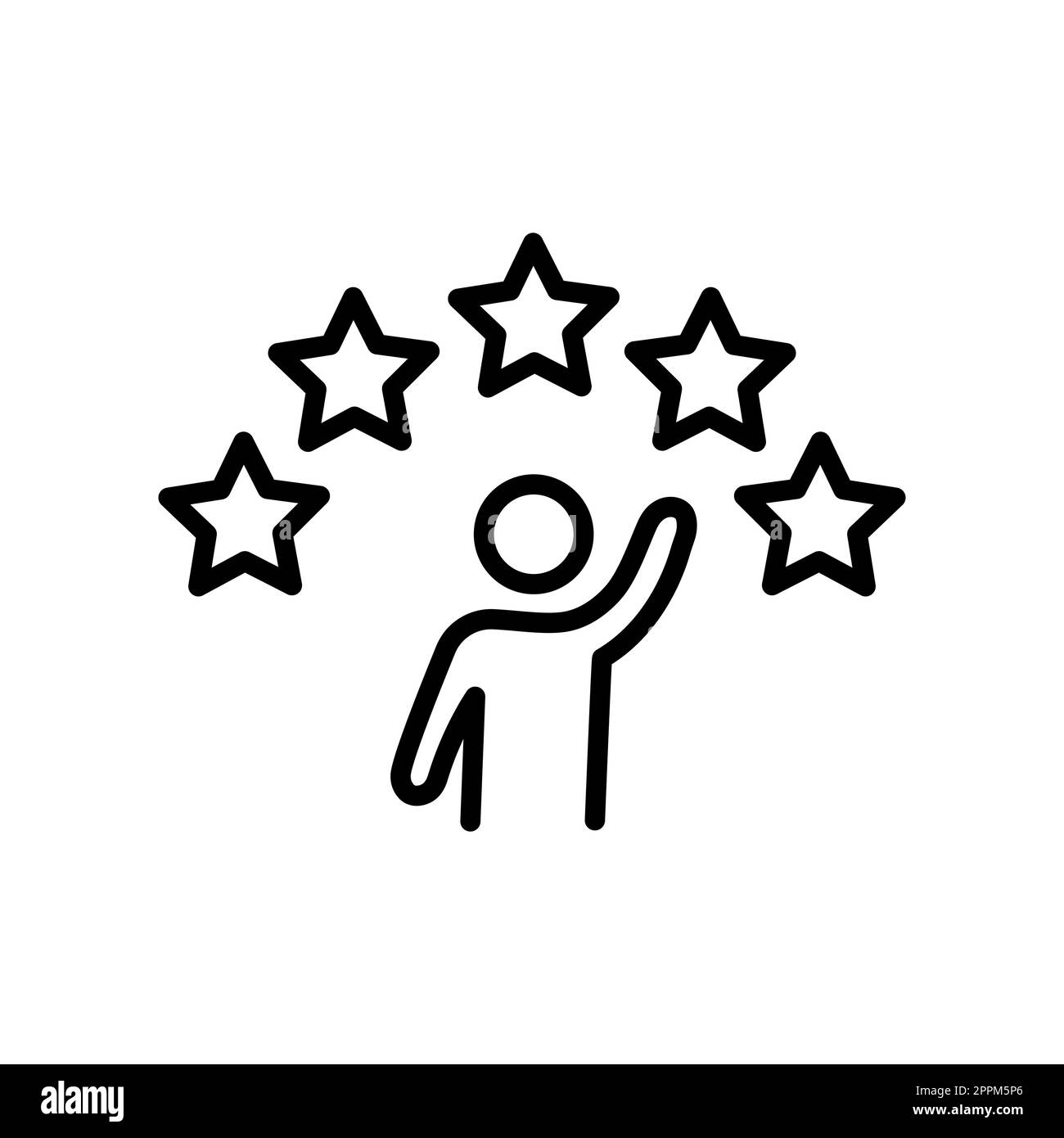 Uomo e 5 stelle, icona della linea di valutazione. Recensioni degli utenti, feedback, simbolo del controllo qualità Illustrazione Vettoriale