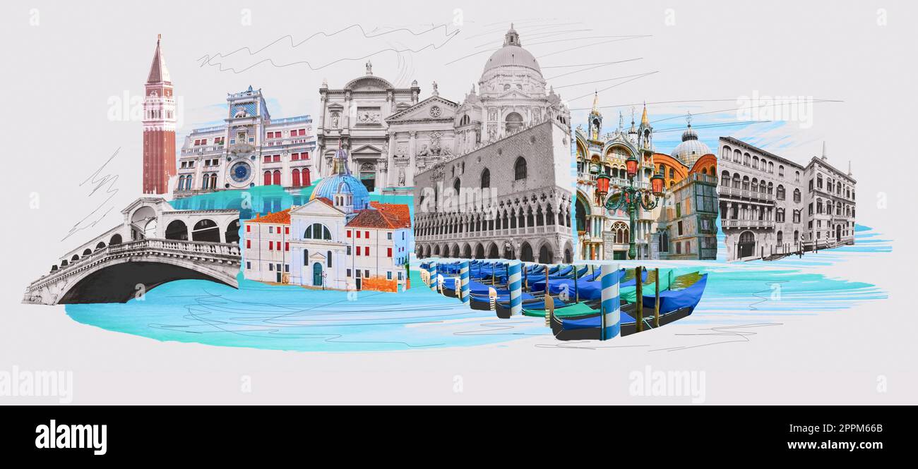 Opere d'arte contemporanea. Design creativo in stile retrò. Immagine in bianco e nero se bellissimi edifici a Venezia. Città d'epoca. Concetto di creatività, surrealismo, immaginazione, paesaggio futuristico Foto Stock