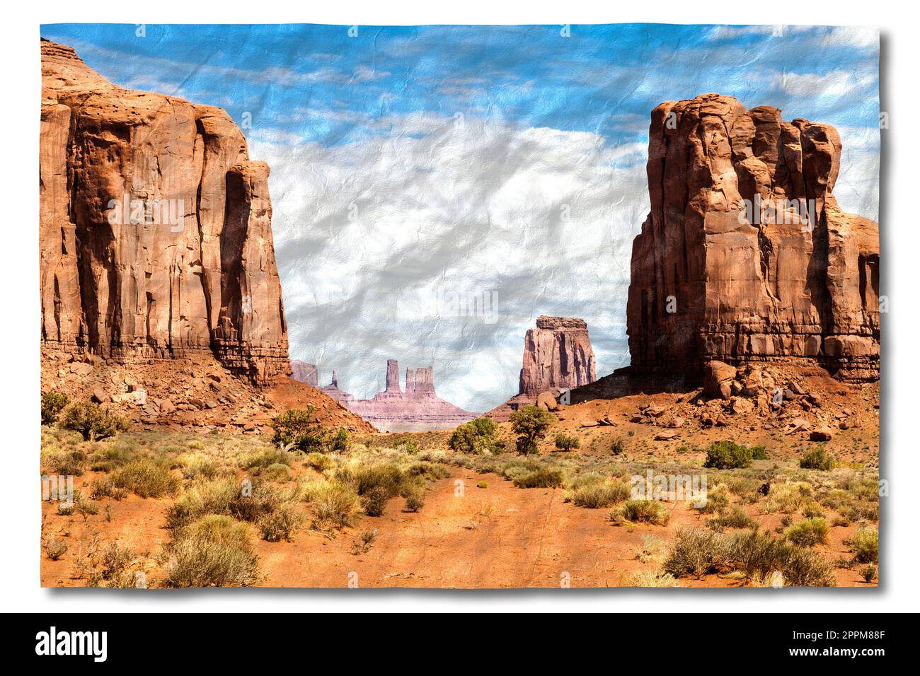Foto creativa della Monument Valley negli Stati Uniti - paesaggio panoramico rosso con cielo blu. Foto Stock