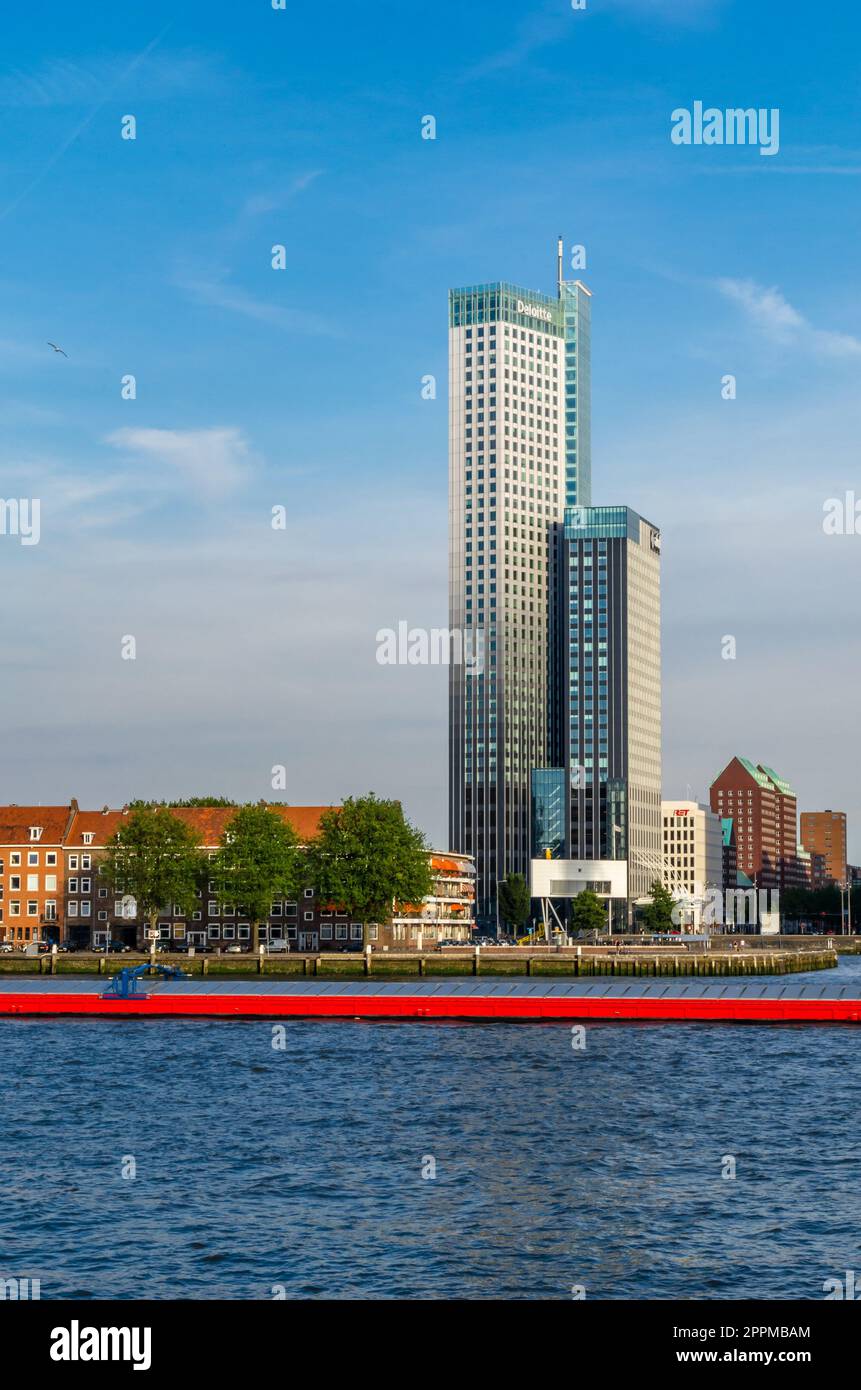 ROTTERDAM, PAESI BASSI - 26 AGOSTO 2013: Veduta di Maastoren a Rotterdam, il secondo edificio più alto dei Paesi Bassi, costruito tra il 2006 e il 2009, serve come sede della filiale olandese di Deloitte ed è utilizzato dalla società AKD Foto Stock