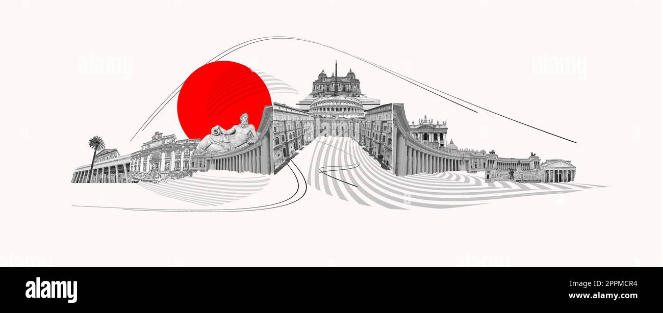 Collage dei famosi monumenti di Roma. Il design artistico dalle migliori vedute di Roma, Italia, Europa. Foto Stock