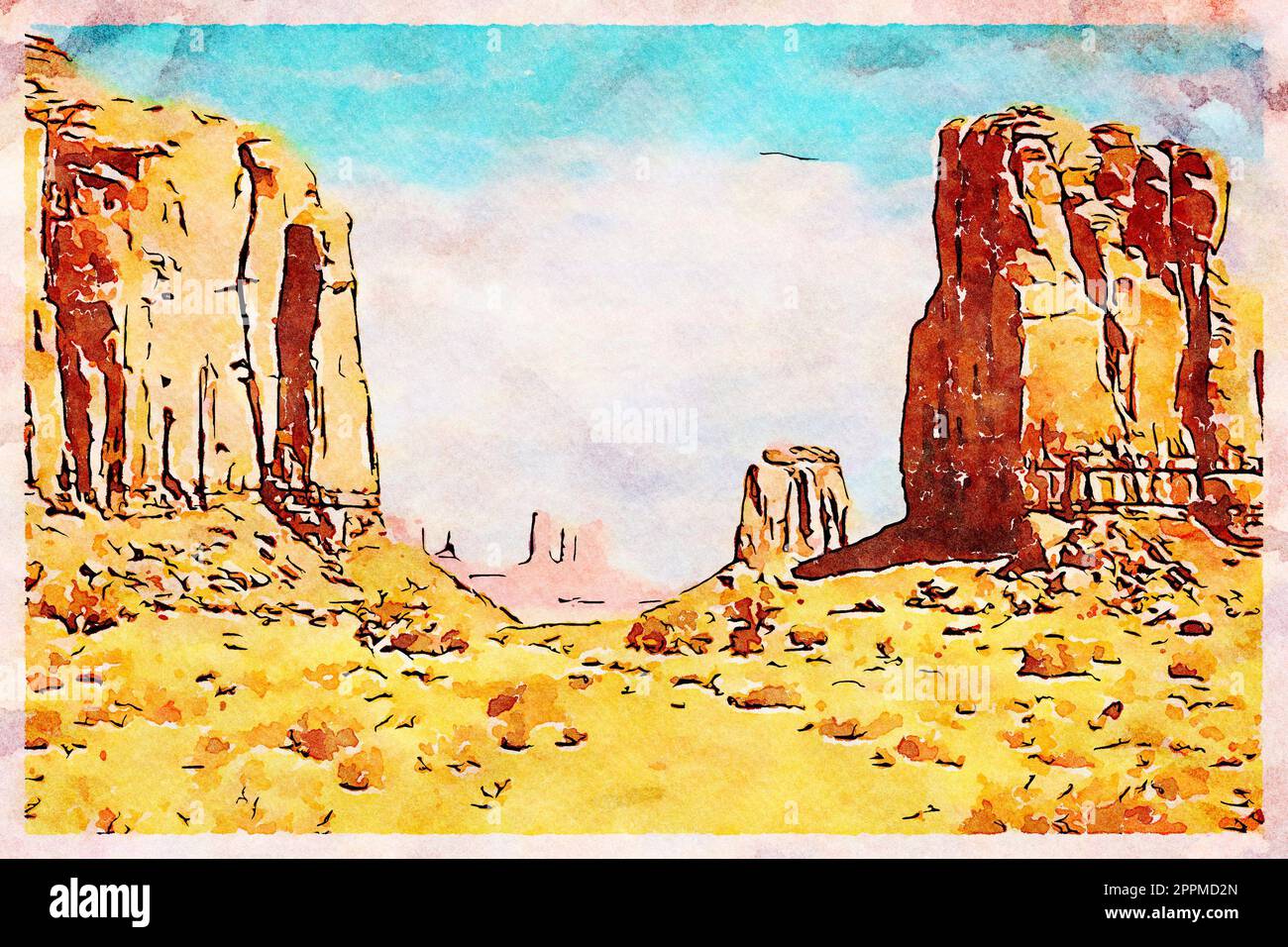 Illustrazione creativa con design vintage ad acquerello - Monument Valley negli Stati Uniti, panorama rosso con cielo blu. Foto Stock