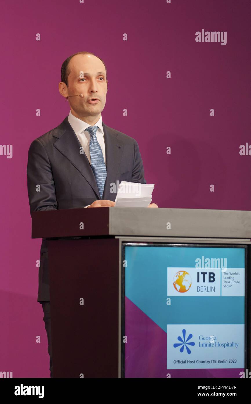 H.E. Levan Davitashvili, Vice primo Ministro e Ministro dell'economia e dello sviluppo sostenibile della Georgia, ITB Media Monday, conferenza stampa di apertura. 5.3.2023 Foto Stock