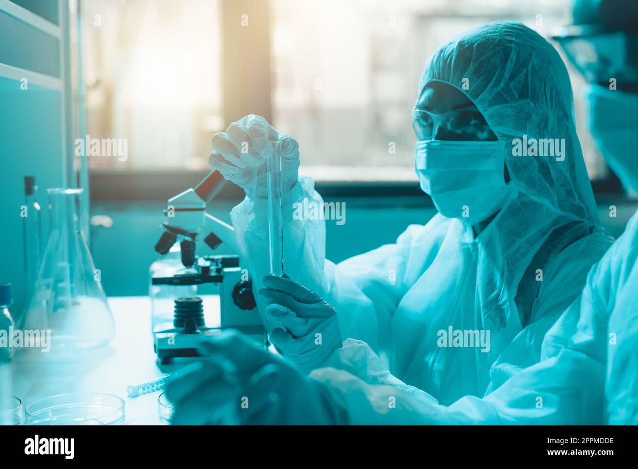 Il medico di laboratorio analizza i campioni per la ricerca scientifica Foto Stock