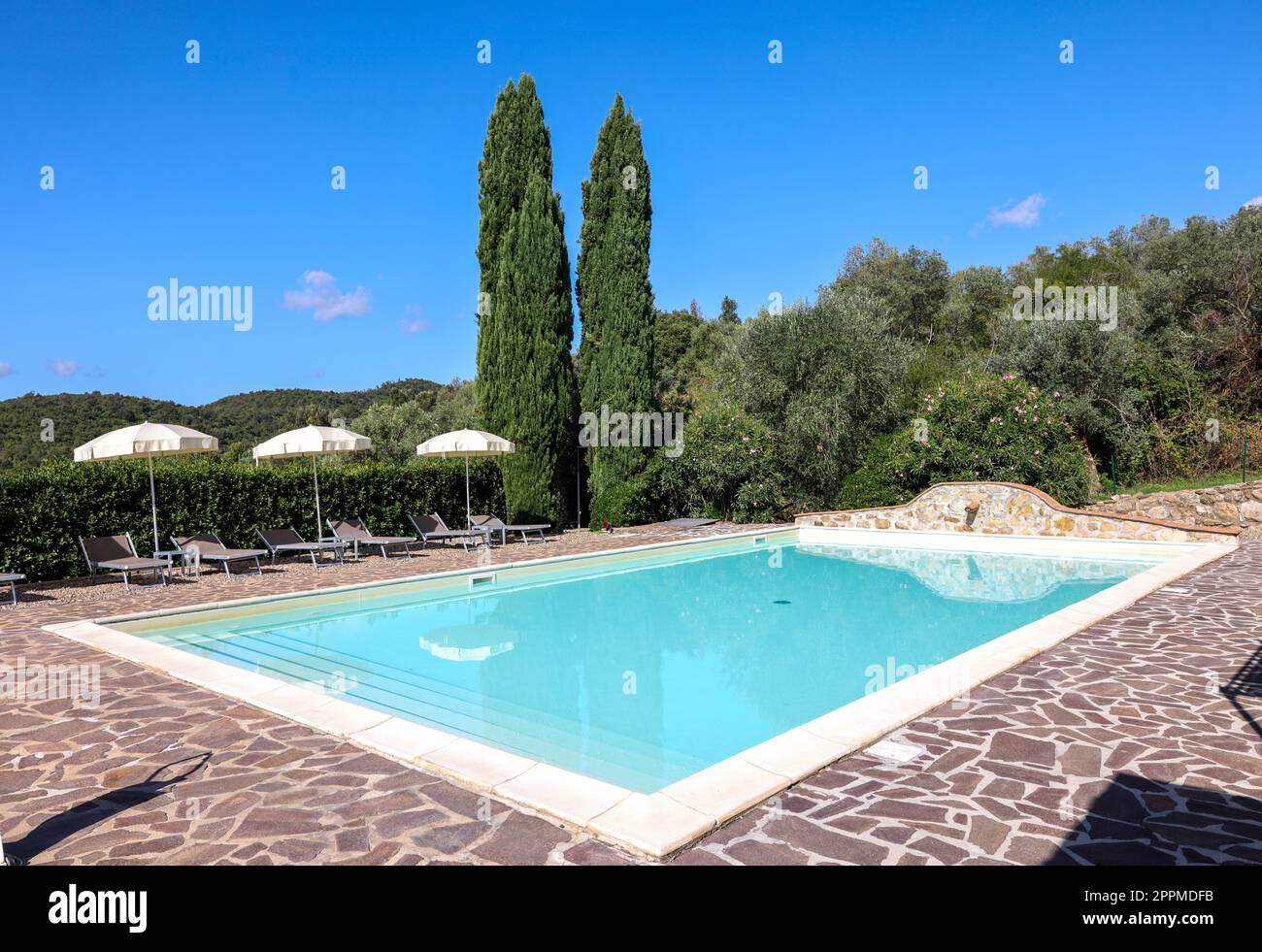 Una piscina sulla collina di Montemassi circondata da cipressi e oleandri. Italia Foto Stock