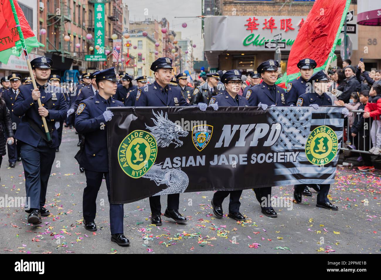 La NYPD Asian Jade Society sfilerà a Chinatown, New York, USA Foto Stock