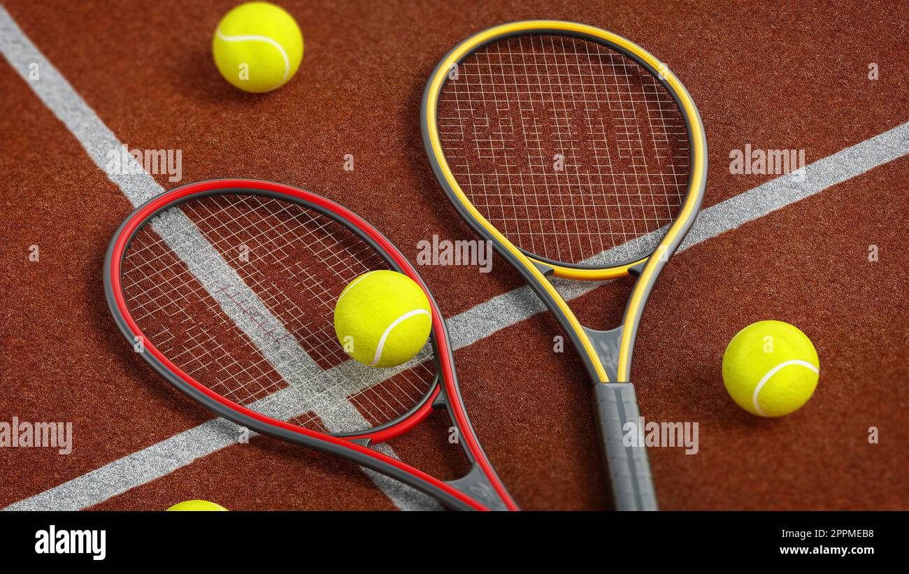 Racchette da tennis e palle sul campo duro. Illustrazione 3D. Foto Stock