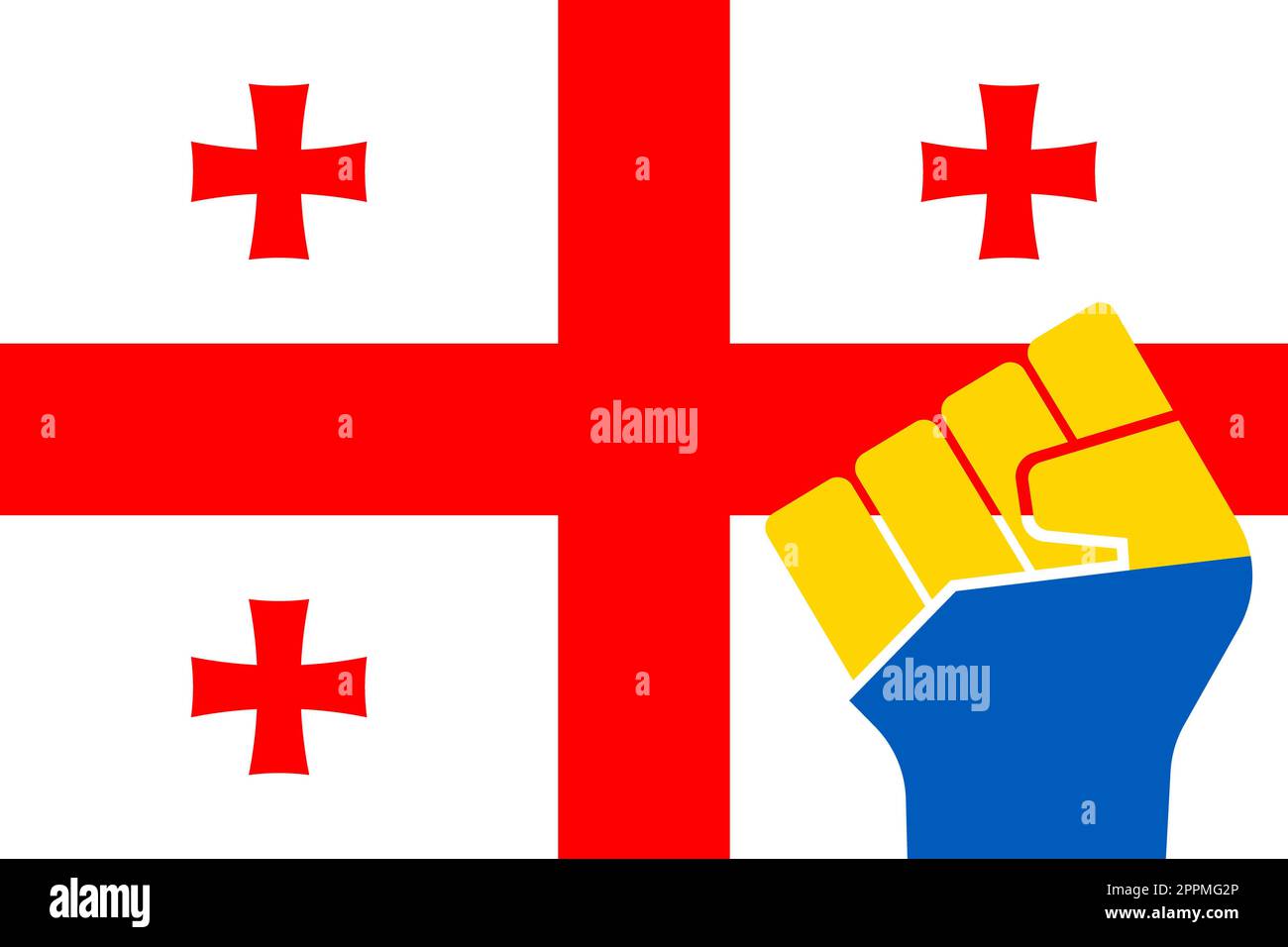 Bandiera nazionale della Georgia e pugno chiuso sotto forma di bandiera Ucraina. Concetto di lotta per il popolo georgiano e solidarietà con il sostegno dell'Ucraina contro la Russia e le autorità. Striker. Foto Stock