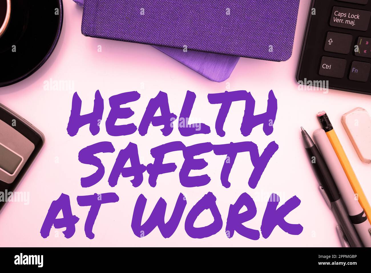 Cartello con la scritta "Salute e sicurezza sul lavoro". Vetrina aziendale procedure sicure prevenire gli incidenti evitare pericoli Foto Stock